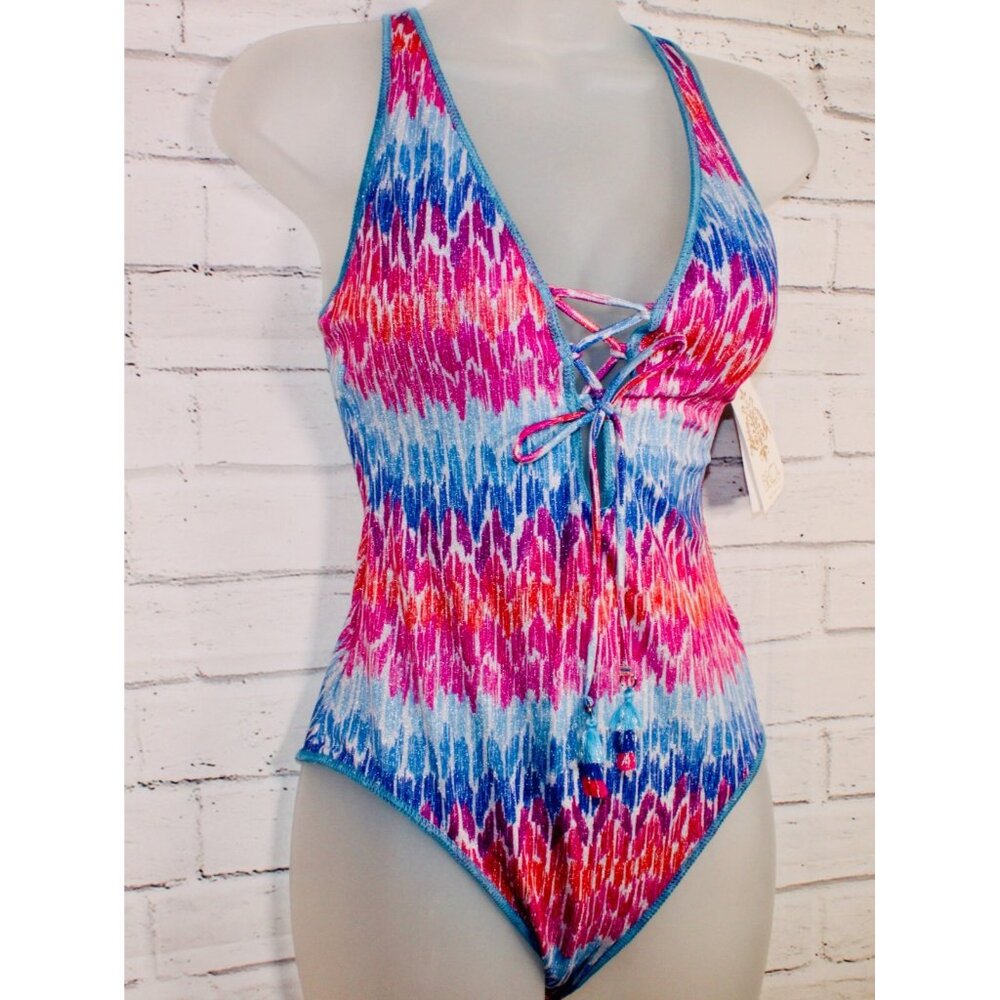 Becca Women's Joshua Tree One-Piece Swimsuit Pink Blue Lace Up $158 NWT S, M, L - Picture 6 of 9